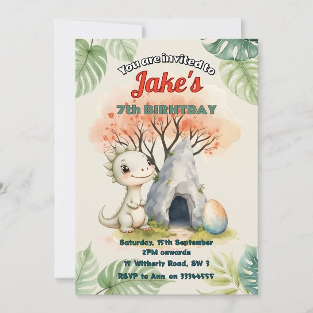 Birthday party with cute dinosaurs invitation (Front)