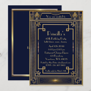 Birthday Party woman, gold Gatsby style, navy Invitation