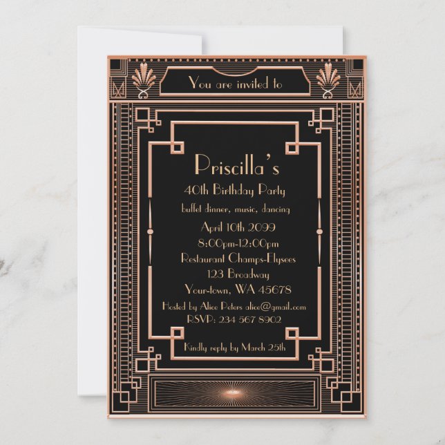 Birthday Party woman, pink gold, Gatsby, black Invitation (Front)
