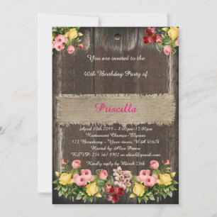 Birthday party, wood & burlap, flowers, back wood invitation