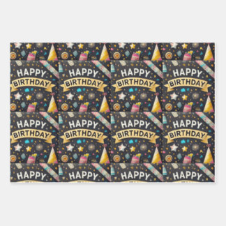 birthday party Wrapping Paper Flat Sheet Set of 3