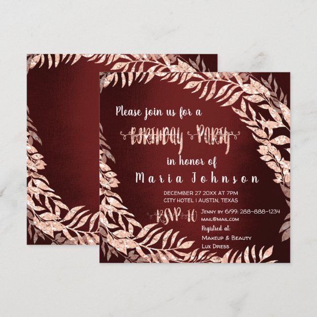 Birthday Party  Wreath Glitter Rose Gold Burgundy Invitation (Front/Back)