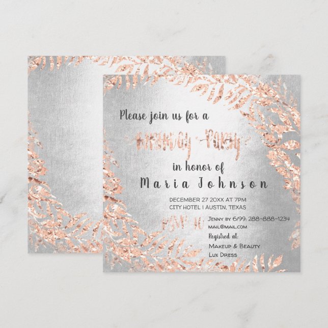 Birthday Party Wreath Glitter Rose Gold Silver Gra Invitation (Front/Back)