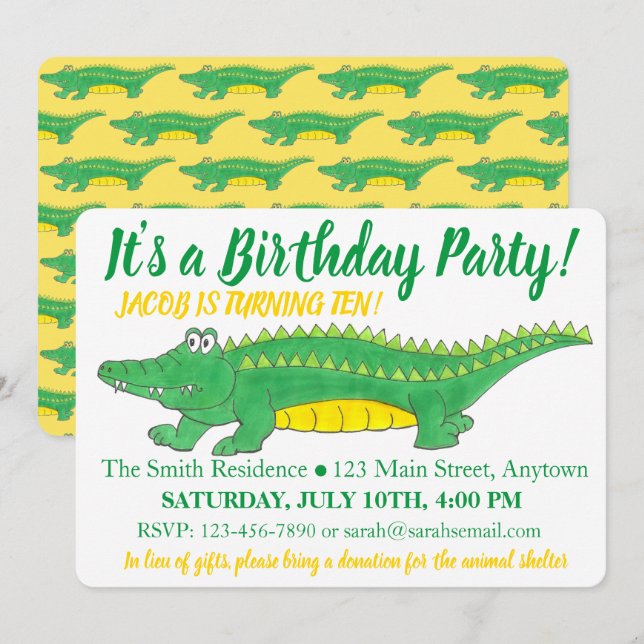 Birthday Party Yellow Green Alligator Crocodile Invitation (Front/Back)