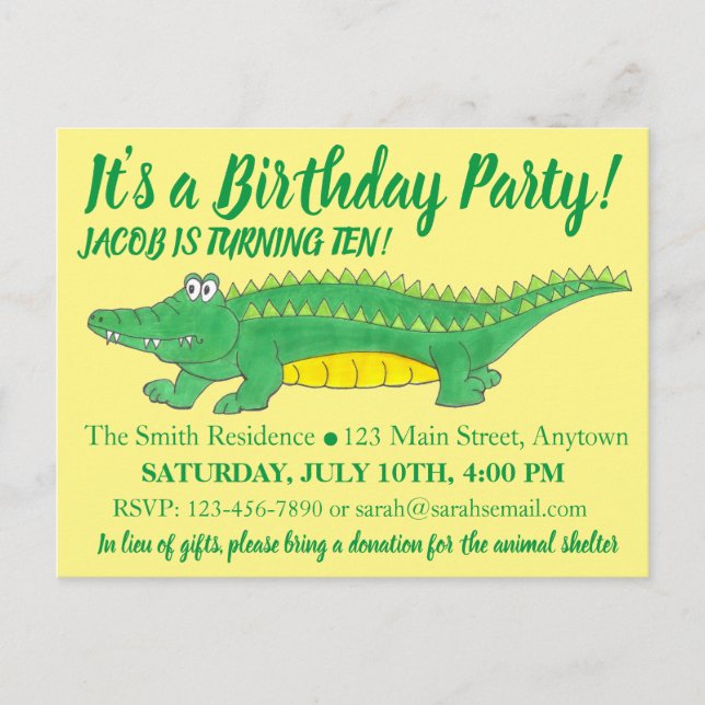 Birthday Party Yellow Green Alligator Crocodile Invitation Postcard (Front)
