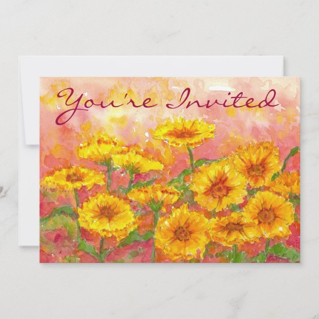 Birthday Party Yellow Marigold Watercolor Flowers Invitation (Front)