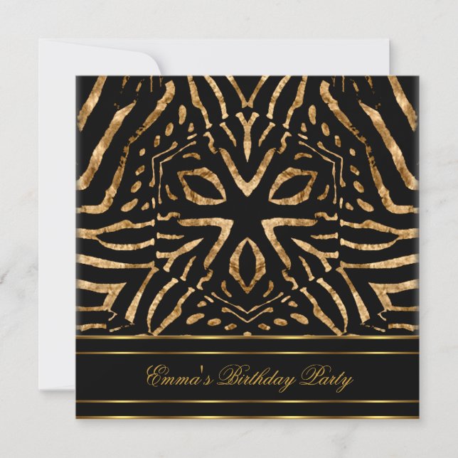 Birthday Party Zebra Black Gold Africa Wild Invitation (Front)