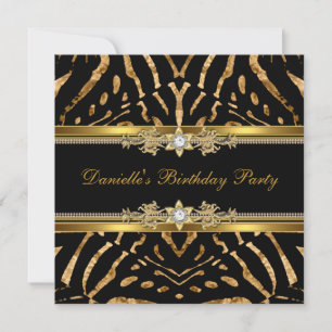 Birthday Party Zebra Black Gold Diamond Invitation