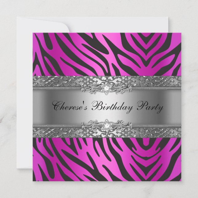 Birthday Party Zebra Diamond Black Hot Pink Invitation (Front)