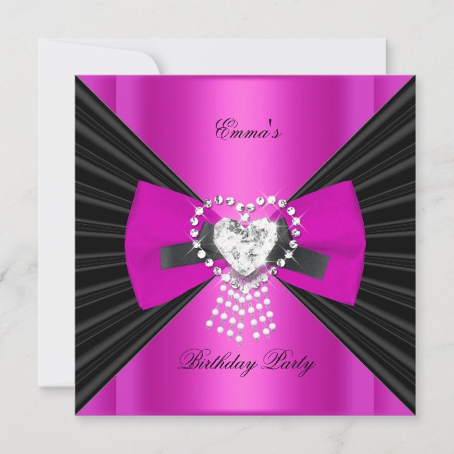 Birthday Party Zebra Elegant Black Hot Pink Bow Invitation (Front)