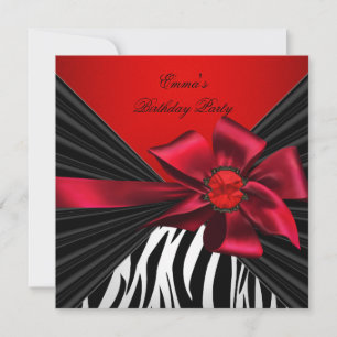 Birthday Party Zebra Elegant Red Black Bow Invitation