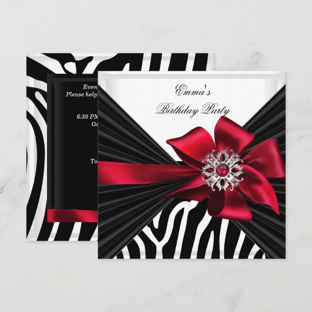 Birthday Party Zebra Elegant Red Black White Invitation (Front/Back)