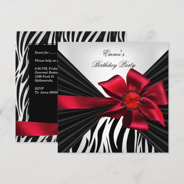 Birthday Party Zebra Elegant Red Black White Invitation (Front/Back)
