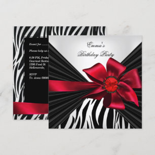 Birthday Party Zebra Elegant Red Black White Invitation