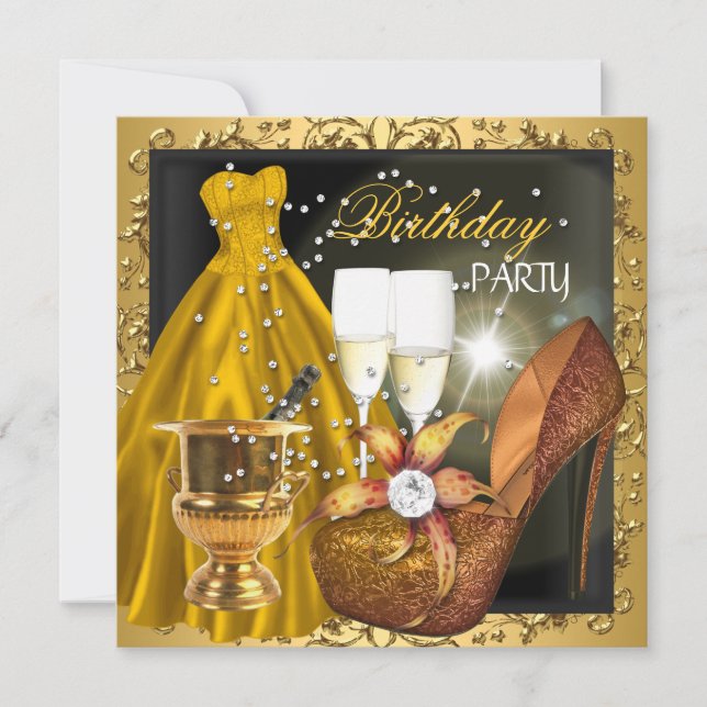 Birthday Party Zebra Gold Dress Gown Invitation (Front)