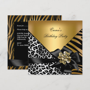 Birthday Party Zebra Leopard Gold Elegant Invitation