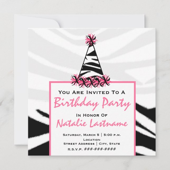 Birthday Party - Zebra Print & Pink Party Hat Invitation (Front)