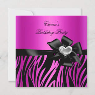 Birthday Party Zebra Silver Hot Pink Black Invitation