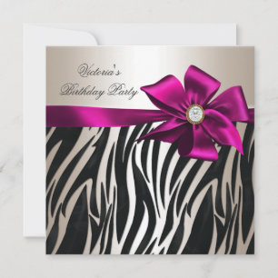 Birthday Party Zebra White Cream Black Pink Invitation