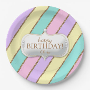 Birthday Pastel Stripes Unicorn Birthday Rainbow Paper Plate