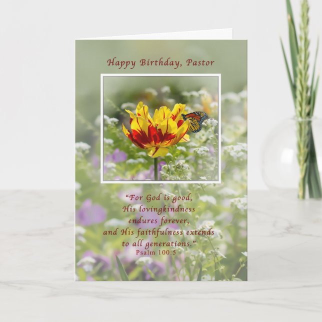 Birthday, Pastor, Tulip and Butterfly, Religious Card (Front)