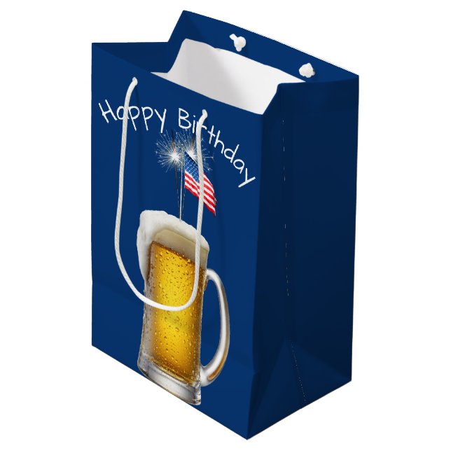Birthday Patriotic Beer with Sparklers Medium Gift Bag (Front Angled)