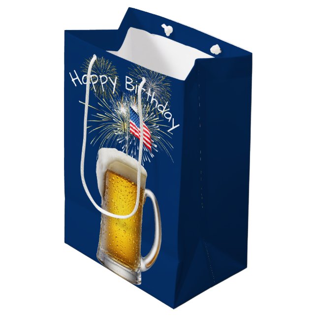 Birthday Patriotic Beer with Sparklers Medium Gift Bag (Front Angled)