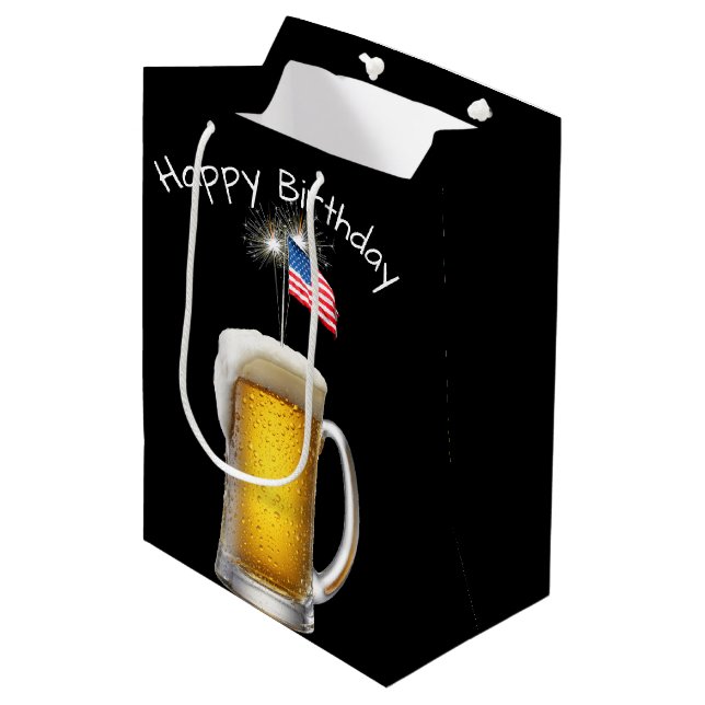 Birthday Patriotic Beer with Sparklers Medium Gift Bag (Front Angled)