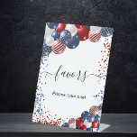 Birthday patriotic red white blue balloons favours pedestal sign<br><div class="desc">A party favour sign.  Decorated with patriotic coloured  balloons in red blue and white,  blue and red sparkles.The text: favours,  please take one!</div>