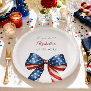 Birthday patriotic USA red white blue flag bow Paper Plate