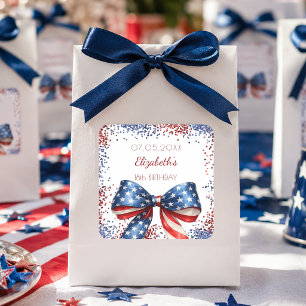 Birthday patriotic USA red white blue flag bow Square Sticker