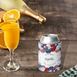 Birthday patriotic USA red white blue flag Can Cooler