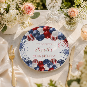 Birthday patriotic USA red white blue flag Paper Plate