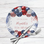 Birthday patriotic USA red white blue flag Paper Plate<br><div class="desc">For a 50th (or any age) birthday party. White background. Decorated with patriotic coloured  balloons in red blue and white. Blue and red sparkles. Personalise and add a date,  name and age.</div>