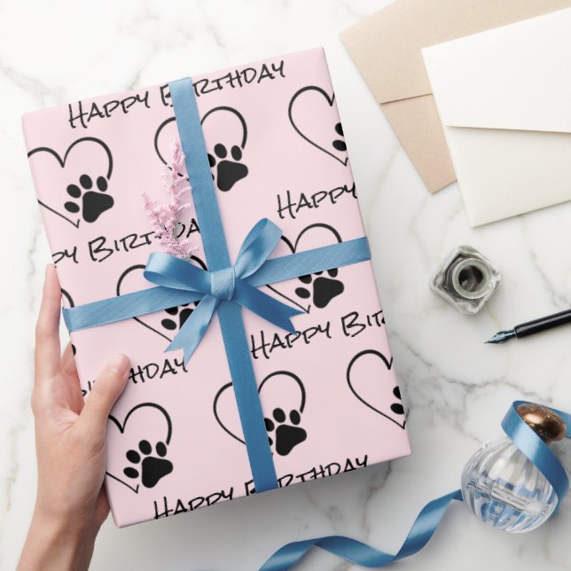 Birthday Paw Print with Heart on Pink Wrapping Paper (Gifting)