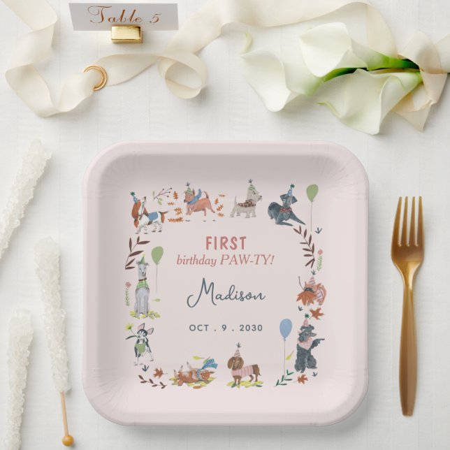 Birthday Paw-ty cute puppy dogs Paper Plate (Wedding)