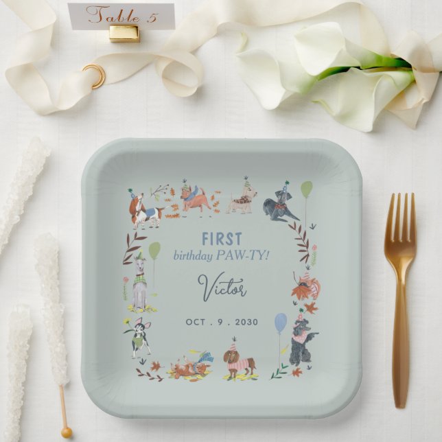 Birthday Paw-ty cute puppy dogs Paper Plates (Wedding)