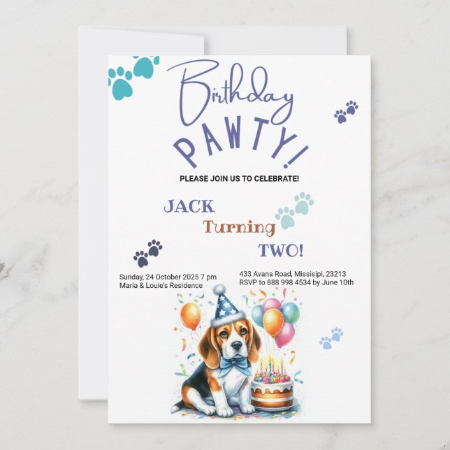 Birthday Pawty Beagle Dog Personalised Birthday Invitation (Front)