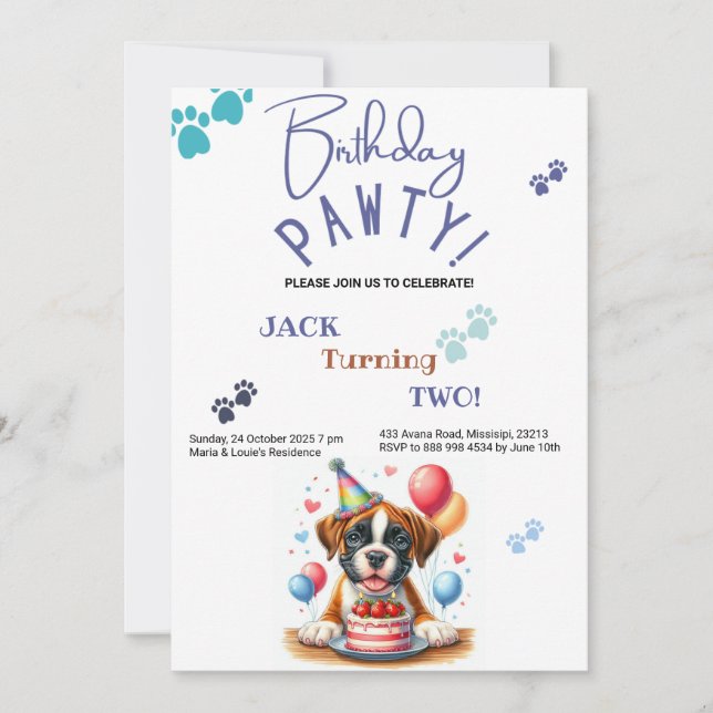 Birthday Pawty Boxer Dog Personalised Birthday Invitation (Front)