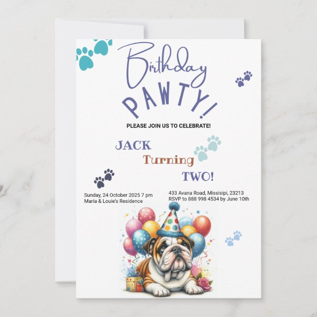 Birthday Pawty Bulldog Dog Personalised Birthday Invitation (Front)