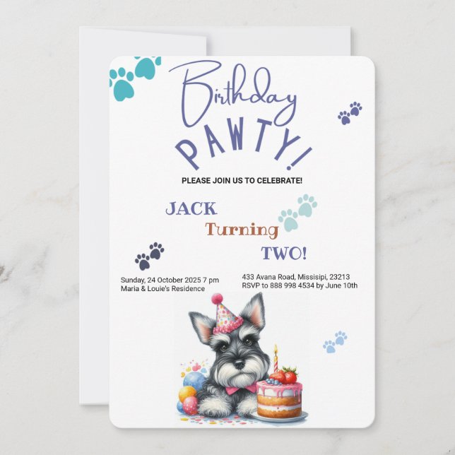 Birthday Pawty Miniature Schnauzer Dog Birthday Invitation (Front)