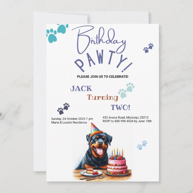 Birthday Pawty Rottweiler Dog Customised Birthday Invitation (Front)