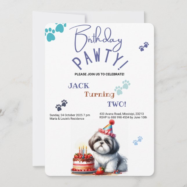 Birthday Pawty Shih Tzu Dog Personalised Birthday Invitation (Front)