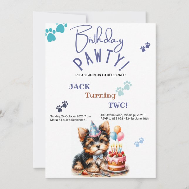 Birthday Pawty Yorkshire Terrier Dog Birthday Invitation (Front)