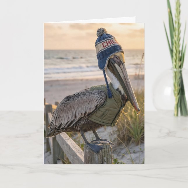 Birthday Pelican Wearing a Winter Hat Card (Front)