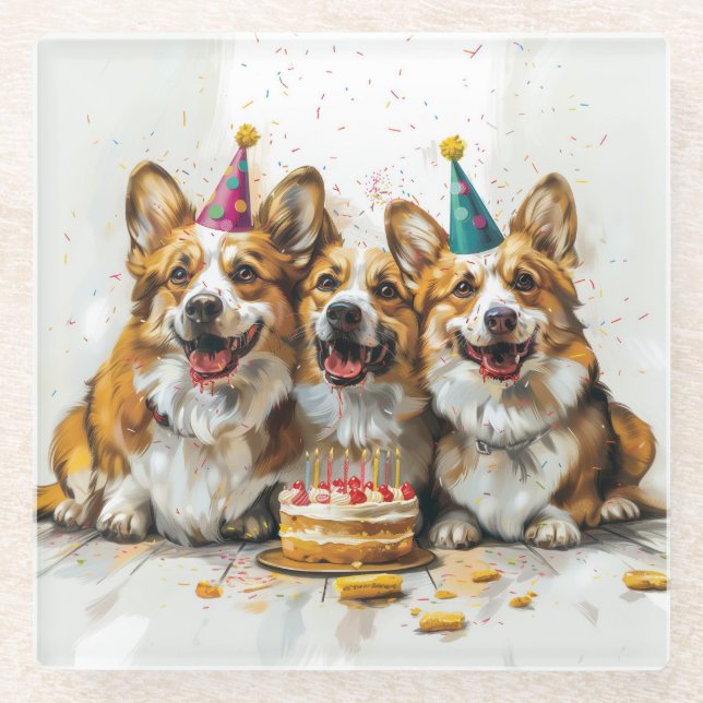 Birthday Pembroke Welsh Corgi Dogs Glass Coaster (Front)