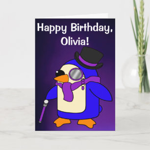 Birthday Penguin Deep Purple Violet Customisable Card