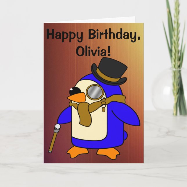 Birthday Penguin Tanned Leather Brown Customisable Card (Front)