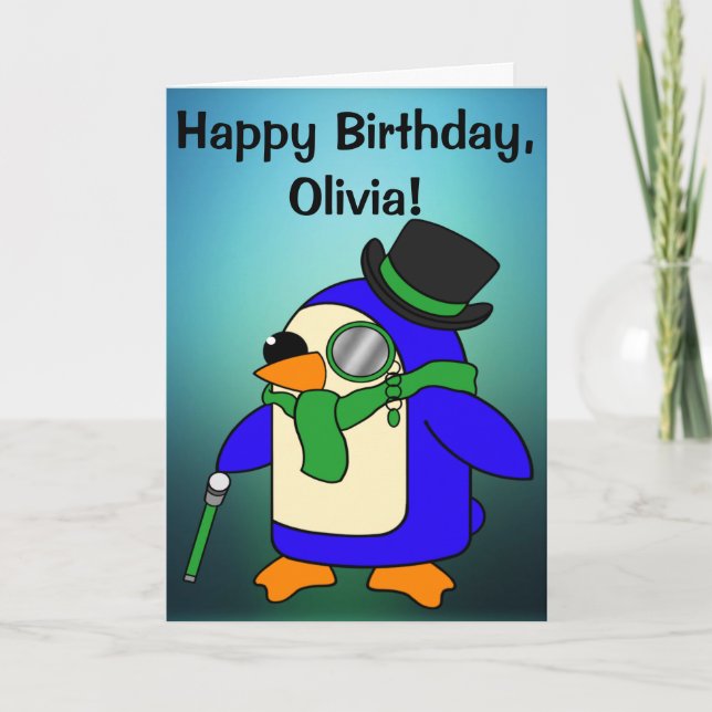 Birthday Penguin Teal Emerald Green Customisable Card (Front)