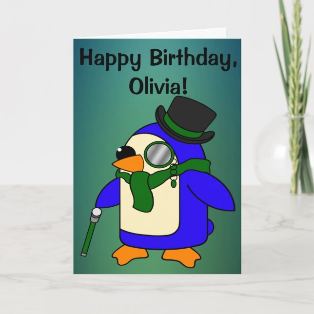Birthday Penguin Teal Grassy Emerald Customisable Card (Front)